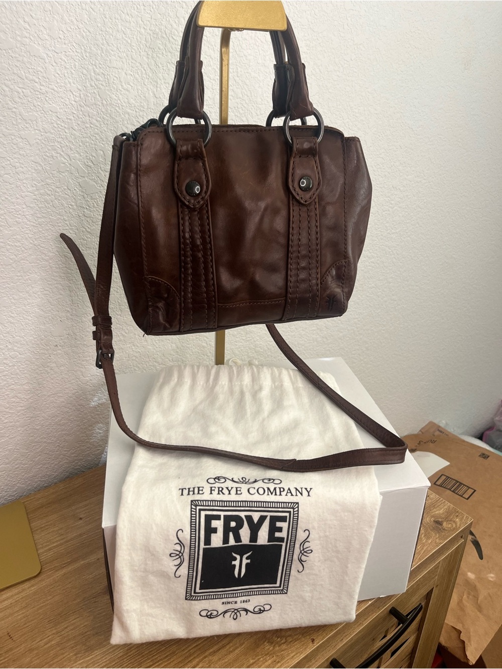 FRYE Melissa Mini Tote Crossbody Bag Cognac Leather Top Handle Satchel Purse
